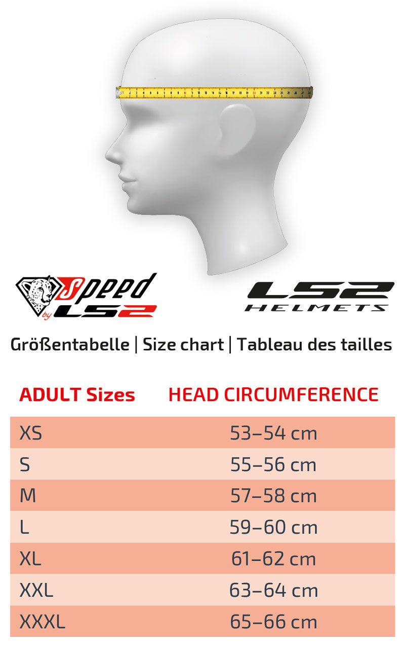 Guide des tailles casque LS2 FF808 Stream II Shadow — XS à 2XL