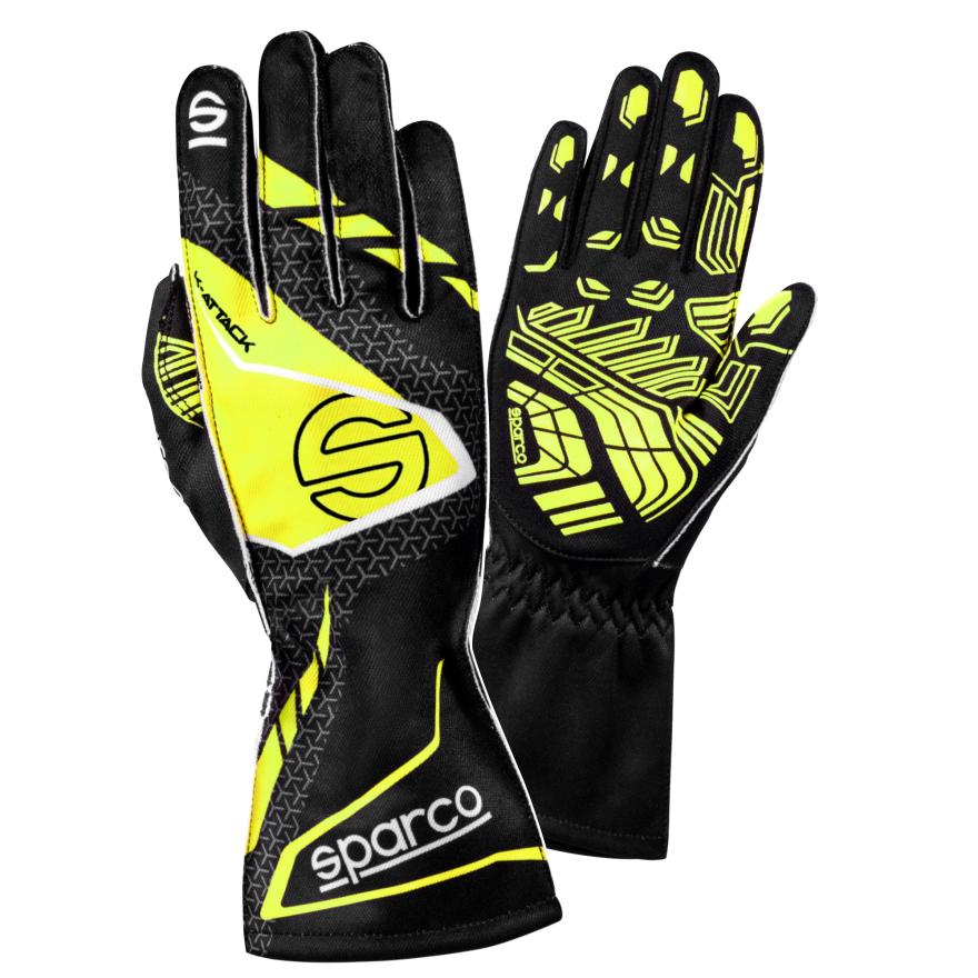 Gants karting Sparco K-Attack noir jaune – adhérence silicone 3D tailles enfant adulte